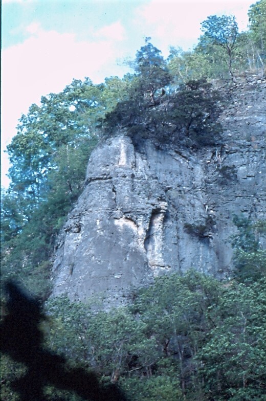 gray rock wall at center with green trees at bottom and left, blue and white sky at top left and center.