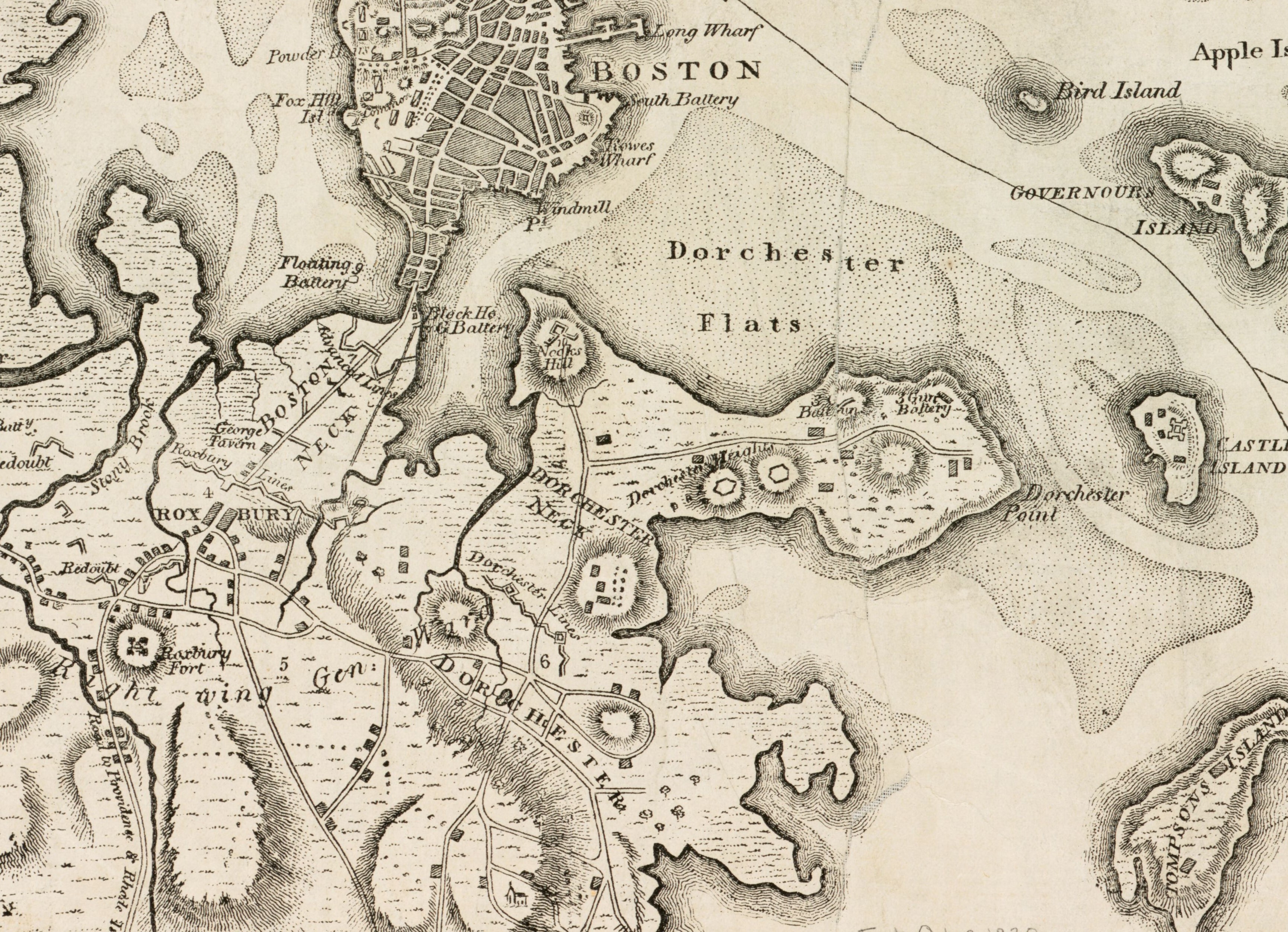 Black and white map of Boston, Roxbury, and Dorchester Heights.
