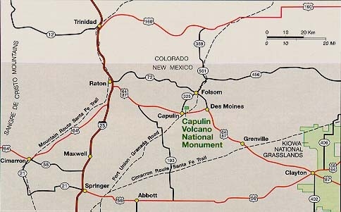 Color map showing major roads around Capulin area.
