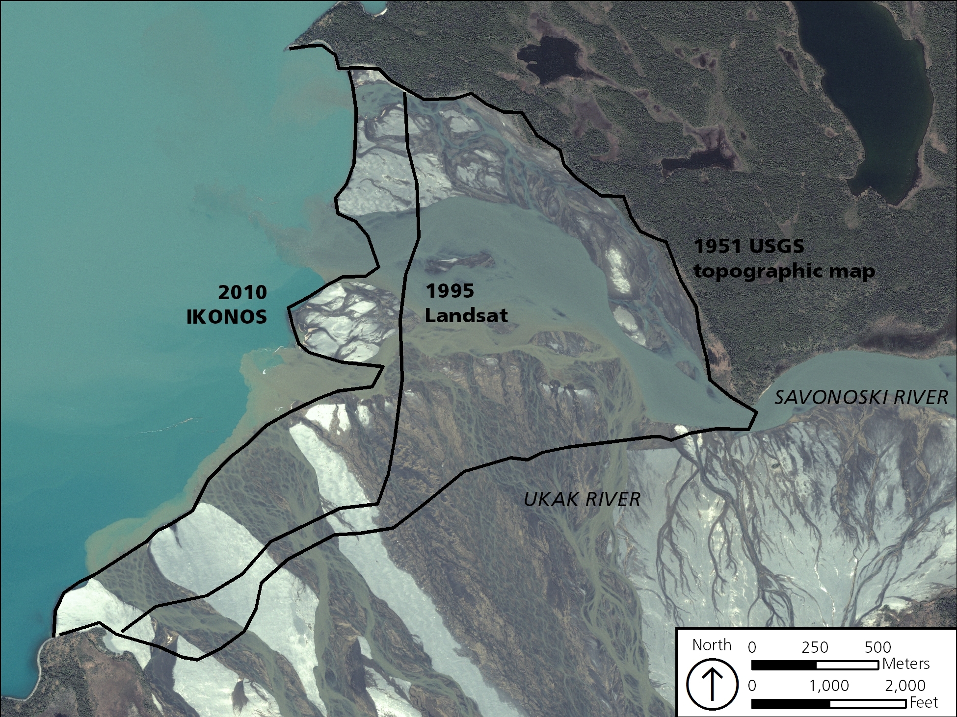 Map showing the progradation (growth) of the Ukak River and Savonoski River delta from 1951 to 2010.