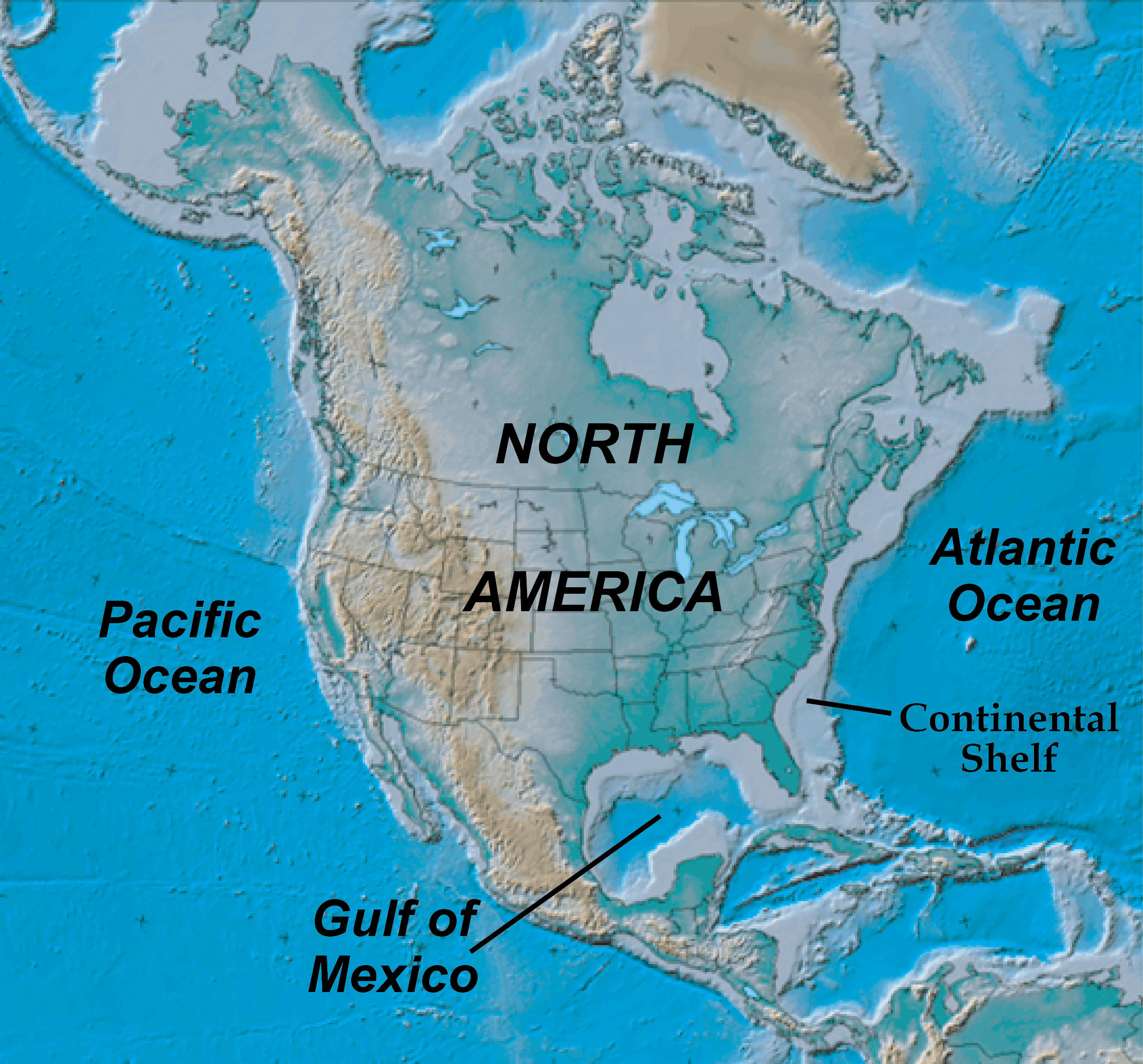 Shaded Relief Map of North America and Continental Shelf