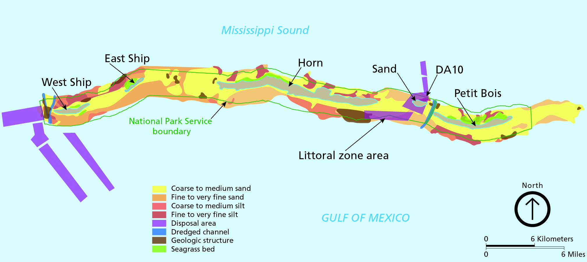 Map of benthic substrate classification of the Mississippi barrier islands showing the location of 8 categories of benthic substrates: coarse to medium sand, fine to very find sand, coarse to medium silt, fine to very fine silt, disposal area, dredged channel, geologic structure, and seagrass bed. 