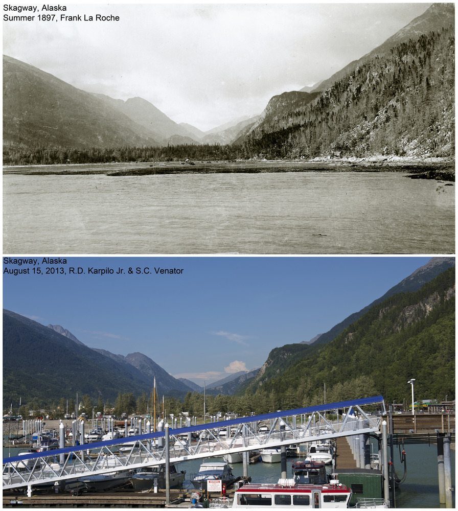 Top: historic photo of a forested valley from the water.  Bottom: modern photo of a harbor and valley