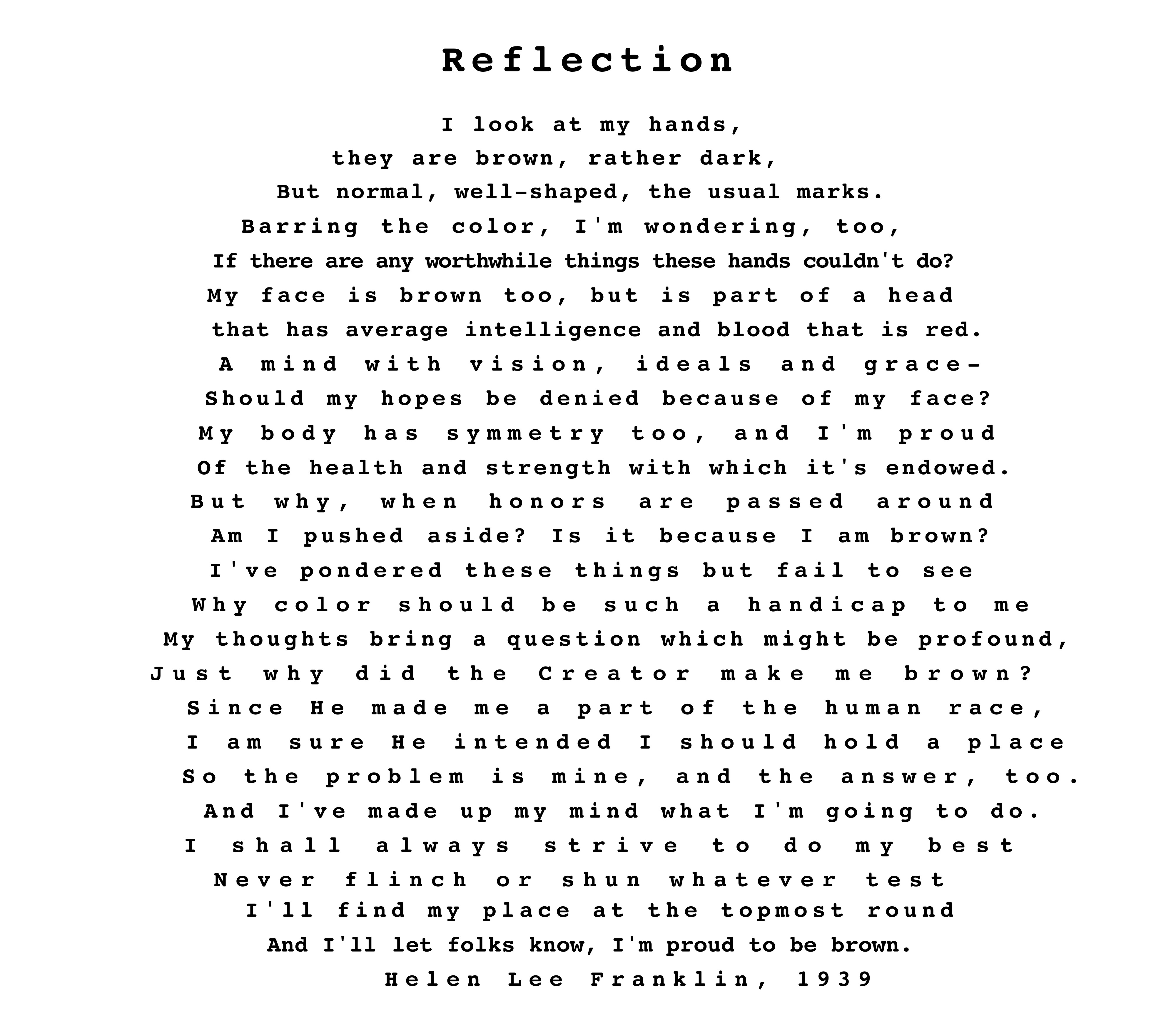 Graphic rendering of Helen Franklin's poem "Reflection" in the shape of a profile.