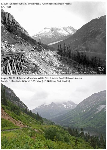 Top:  black and white photo of tracks in a mountain setting.  Bottom: modern photo of tracks in a mountain setting