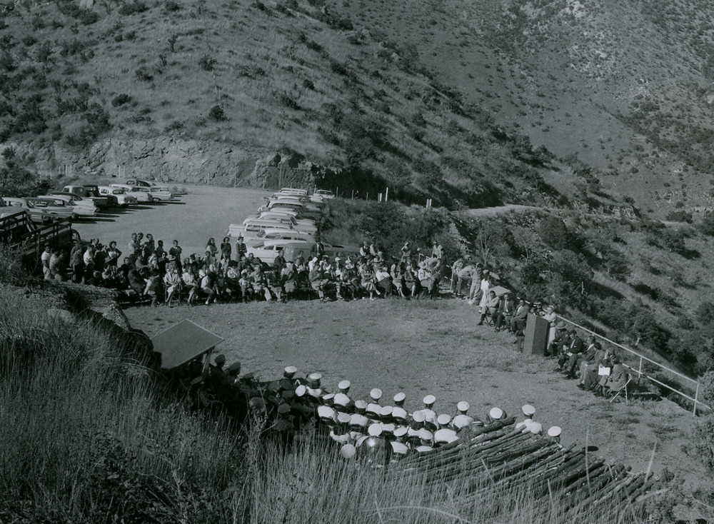 An overview of a crowd gathered at the overlook