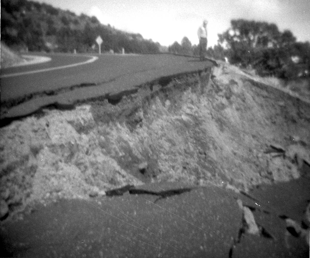 BW photos of rock slides in Kolob Canyons - 110mm. Damaged section of road.