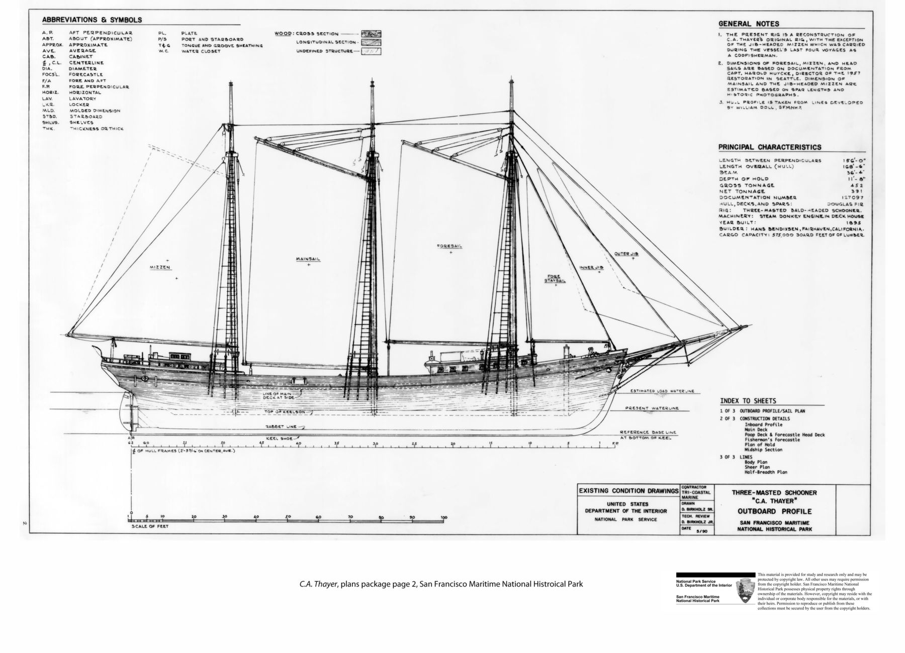 Lumber schooner C.A. Thayer : plans package includes 1 outboard profile and 6 construction detail drawings by Tri-Coastal Marine, Inc. ; the three lines drawings were produced by Bill Doll