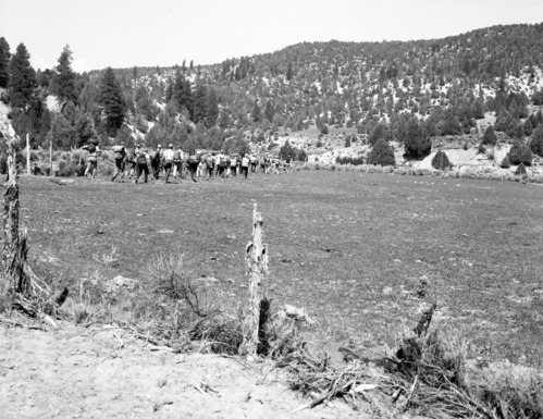 United State Representative King, his family, and Superintendent Hamilton at Bulloch's cabin on north fork of the Virgin River; starting Narrows hike.