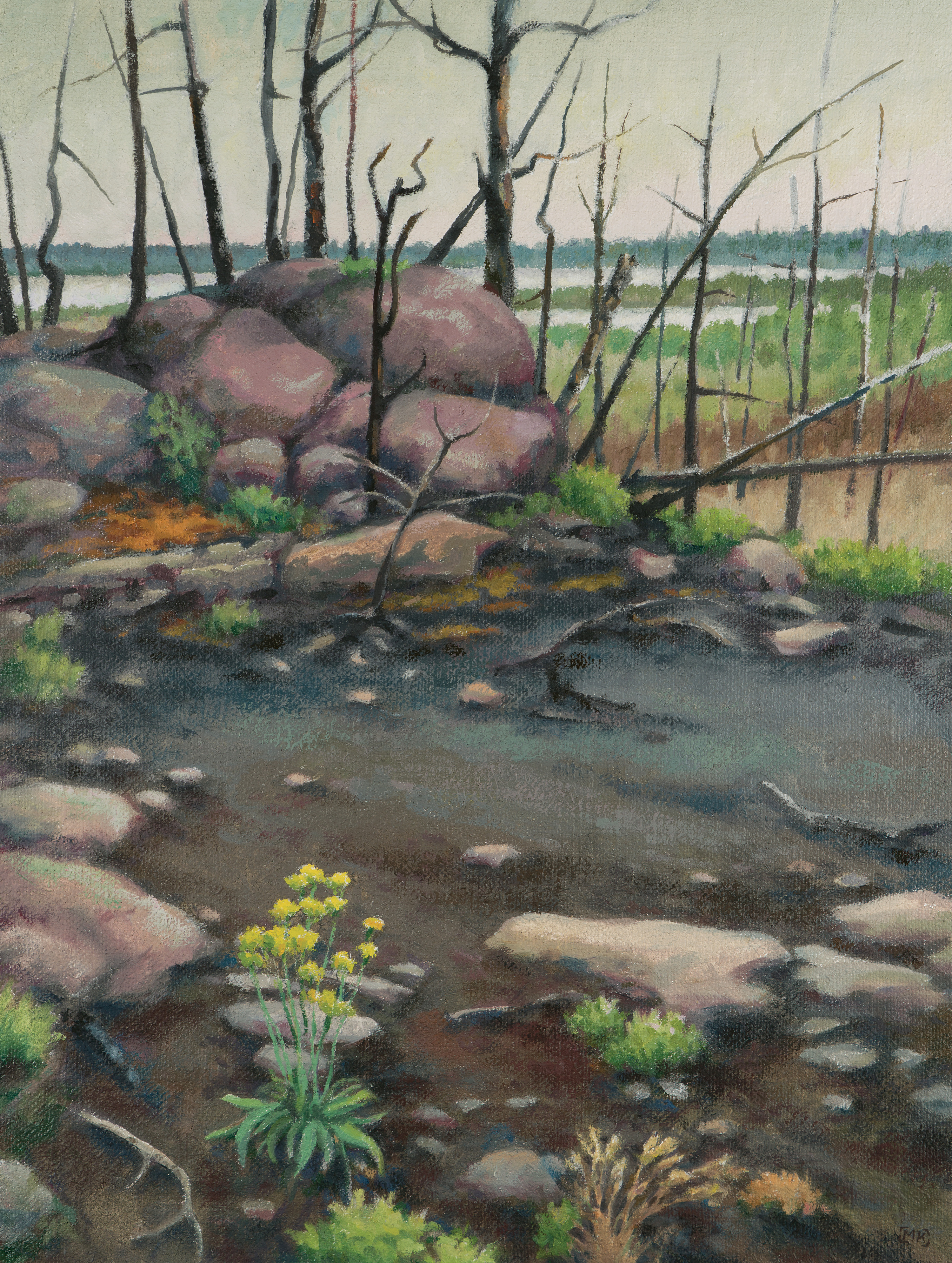 An oil painting of a trail leading up to an overlook burnt by wildfire.