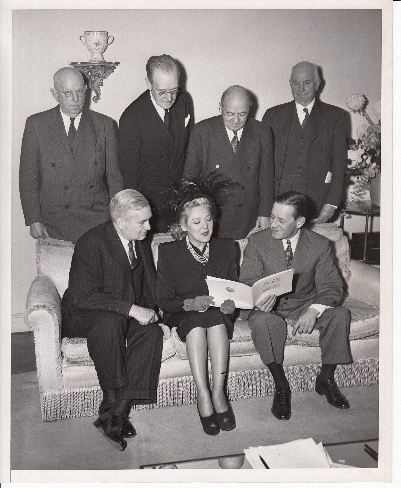 Charles Edison, seated at left, and trustees of the Thomas Alva Edison Foundation including Mary Pickford and Harvey Firestone Jr, both seated.