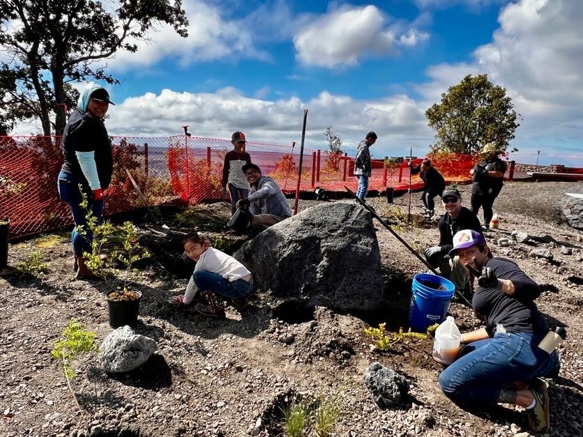 Several people in jeans and long sleeves dig holes and prepare a holes near rocks to be planted with native species. 