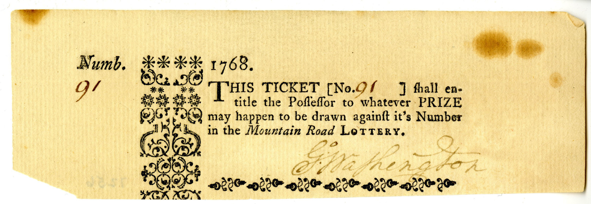 Printed lottery ticket for the Mountain Road Lottery, bearing autograph "G. Washington."
