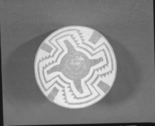 Marie Rozier Collection, Catalog No. 99. Object: Pima tray. Dimensions: 13 x 3 1/2". Materials: willow, devil's cloth, cattail. Technology: ---. Collection History: Alice Reade Collection. Photographed by Michael Dixon, Dec. 1982. Catalogued by Craig Bates and Barbara Beroza. Yosemite Collections, National Park Service.