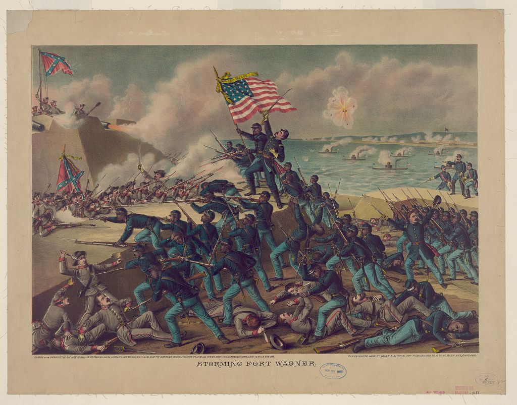 Battle scene of regiment of Black U.S. soldiers marching over the walls of a coastal fort with Confederate soldiers firing at them. Some hand-to-hand combat in the foreground with ships firing in the background.