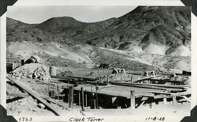 This is an historic black and white photograph from the Scotty's Castle Historic Photograph Collection, Death Valley National Park of Scotty's Castle Chimes Tower foundation under construction. October 8, 1928. Photographed by Mat Roy Thompson.