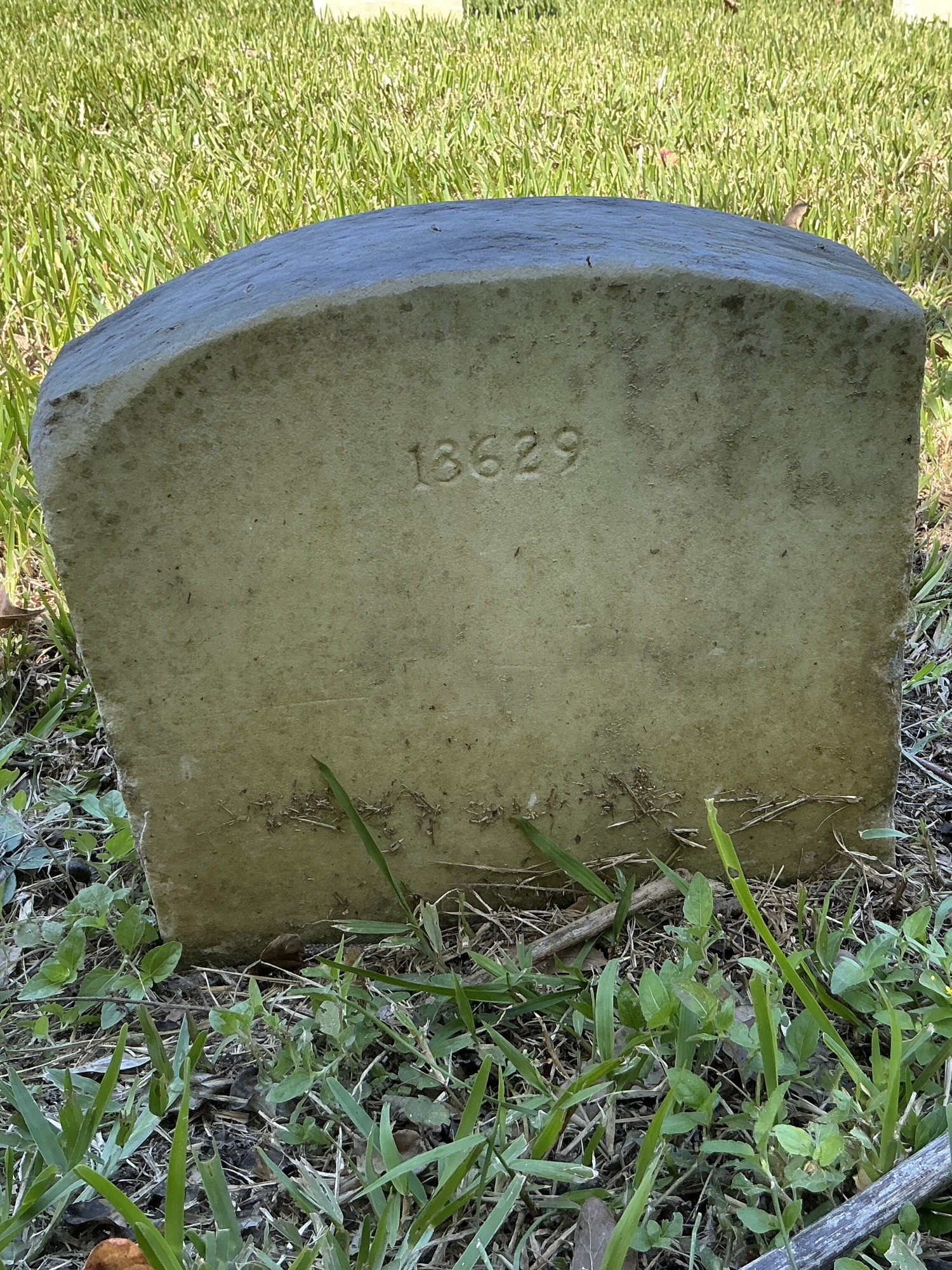 Back of upright marble headstone with flat face.