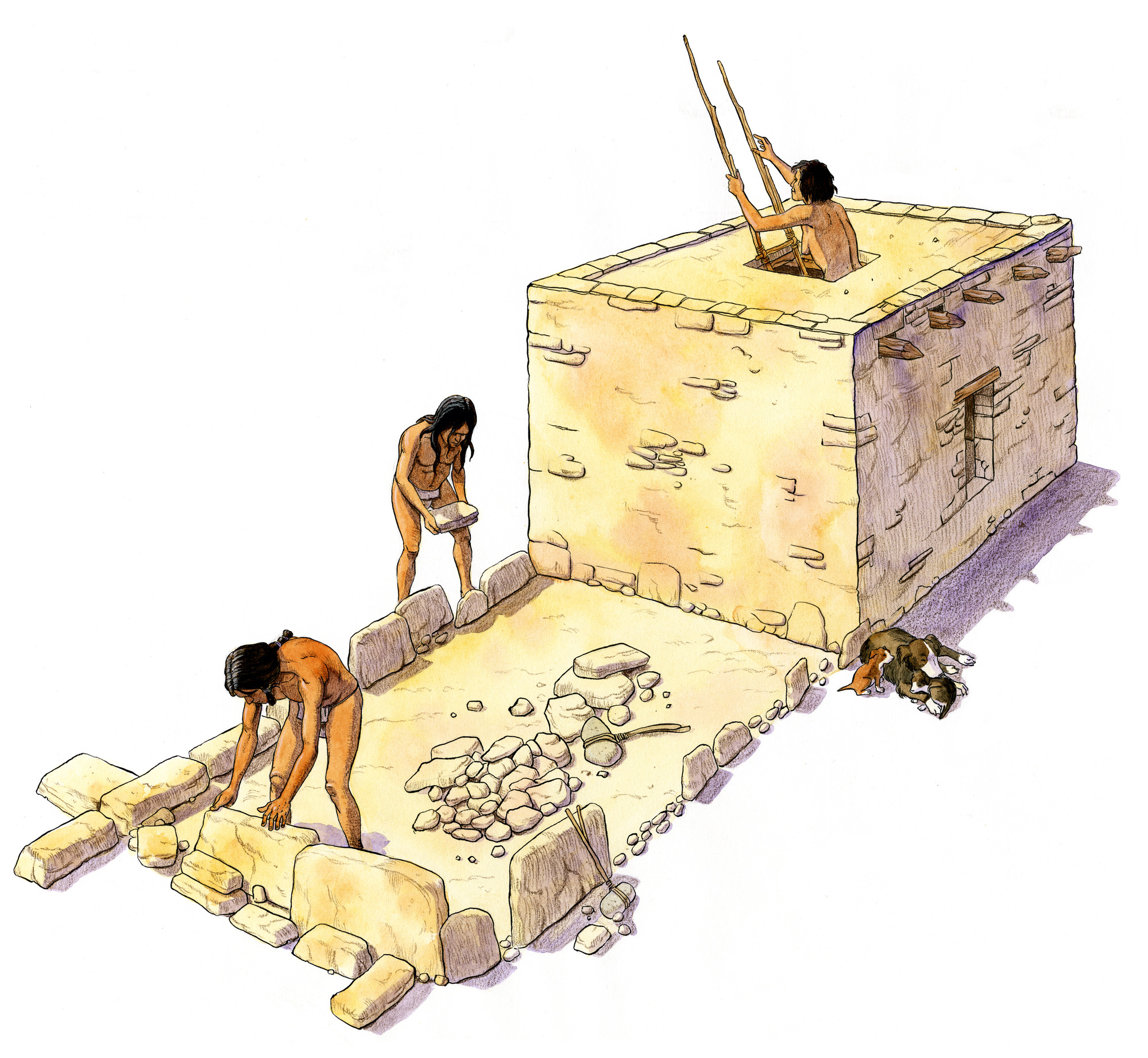 Artist's conceptual illustration depicts ancestral Puebloans constructing Second Village of stone masonry, about 950 CE (Common Era).