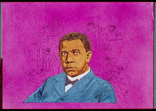 Portrait of Dr. Booker T. Washington superimposed over line illustrations of scenes of skilled crafts and trades, as well as, academics, professions, and sciences.