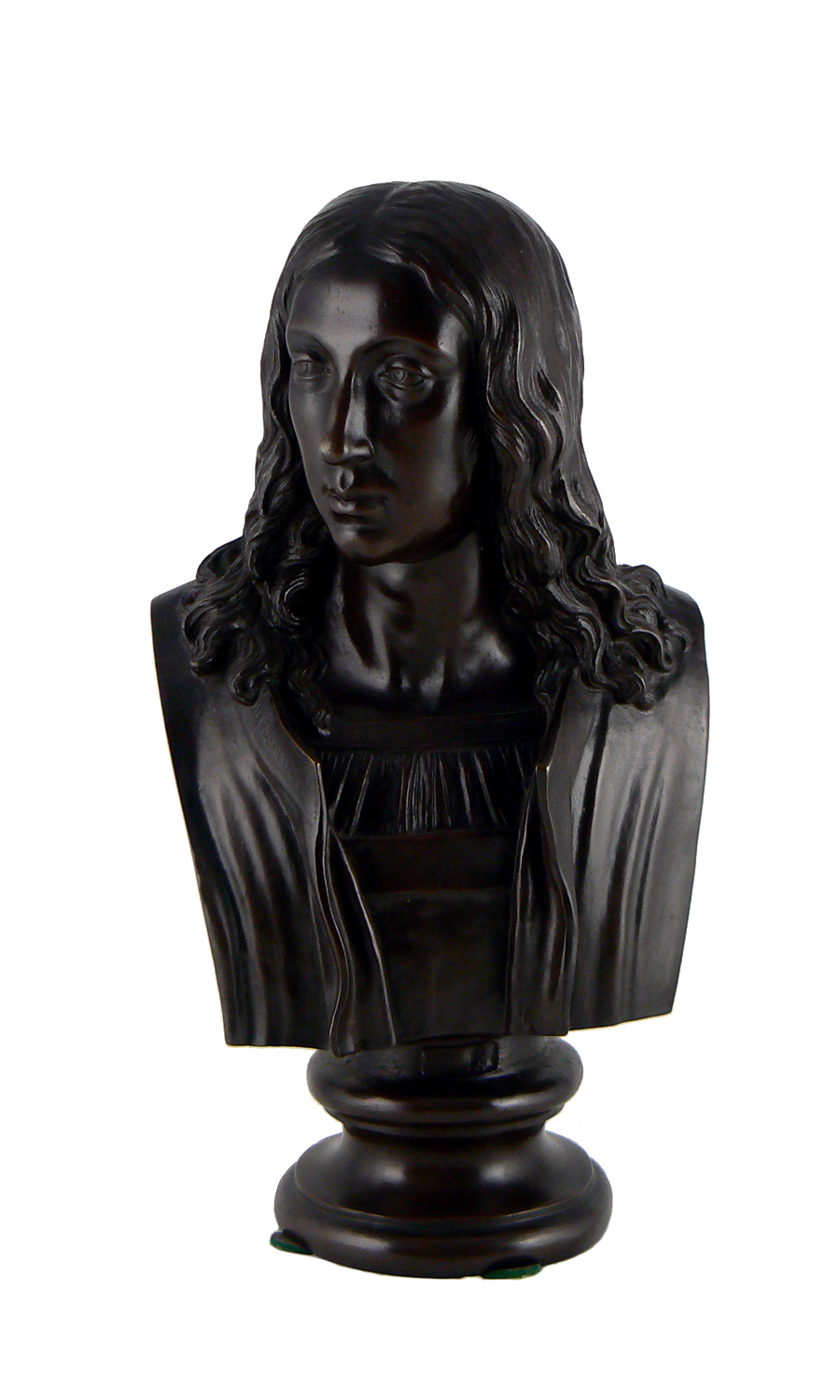 Bronze bust of man with shoulder-length hair, wearing gathered shirt under a doublet.