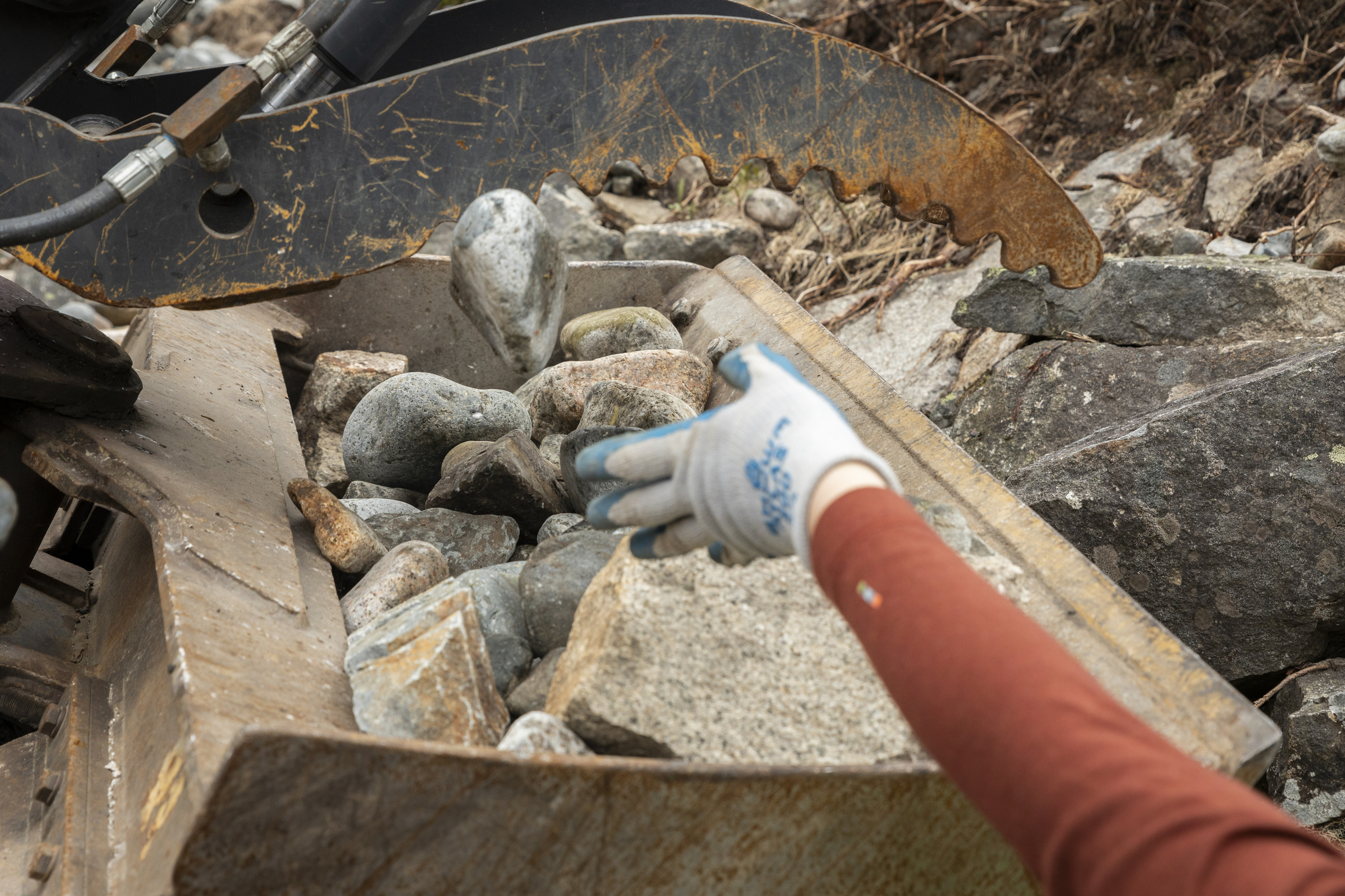 A volunteer's gloved hand tosses a rock into a mini excavator arm with a large pile of more rocks, during a cleanup effort.