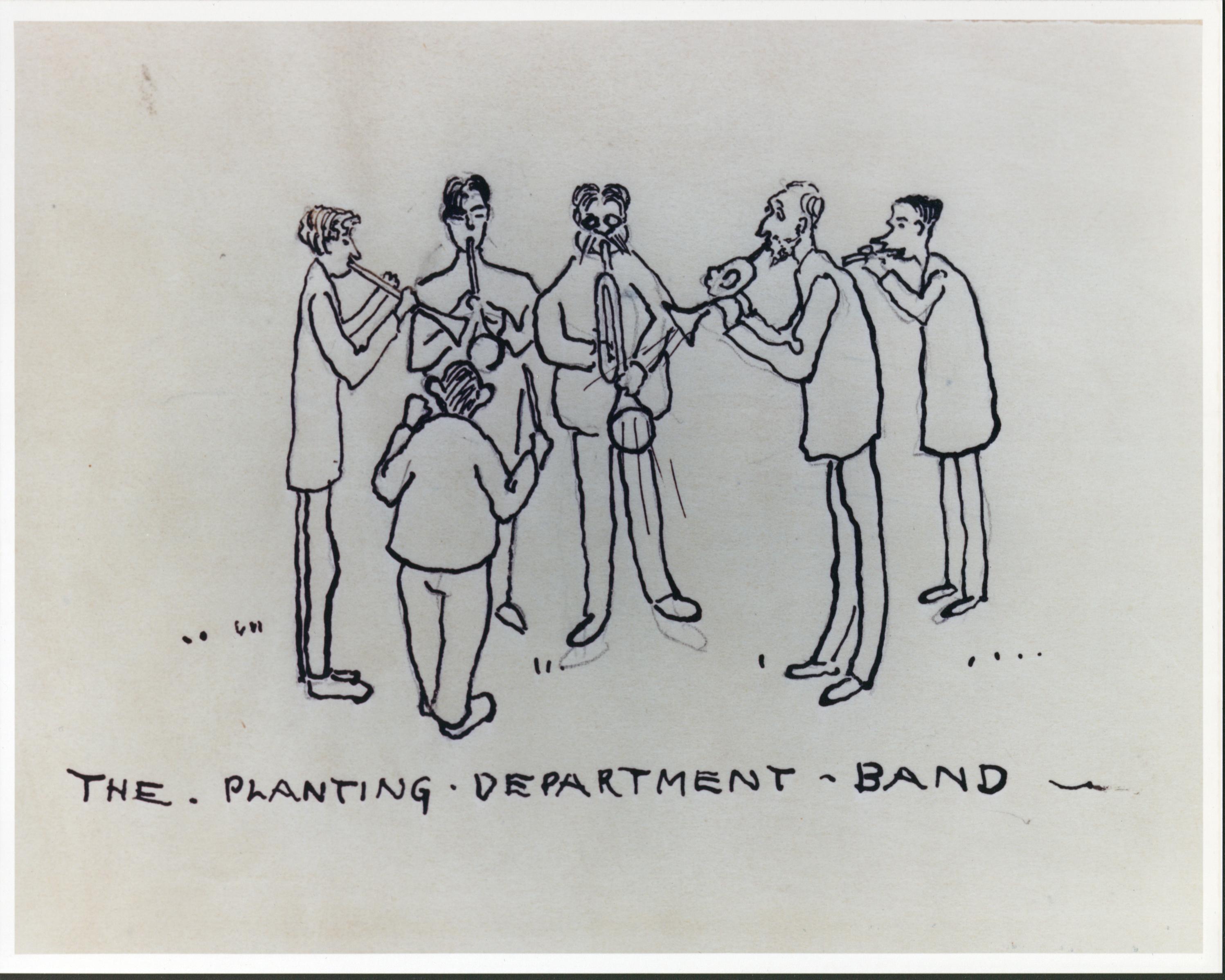 Pencil drawing of five men in a semi-circle playing instruments, with one in the middle conducting. 
