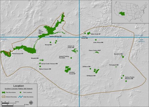 Shaded relief map of park locations within network boundary