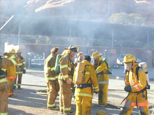 Firefighter crew photos during structural fire training at Mesa Verde National Park, 2001