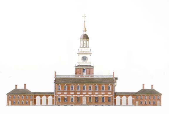 Exterior view of the Pennsylvania State House (Independence Hall) located on Chestnut Street between Fifth and Sixth Streets in Philadelphia.