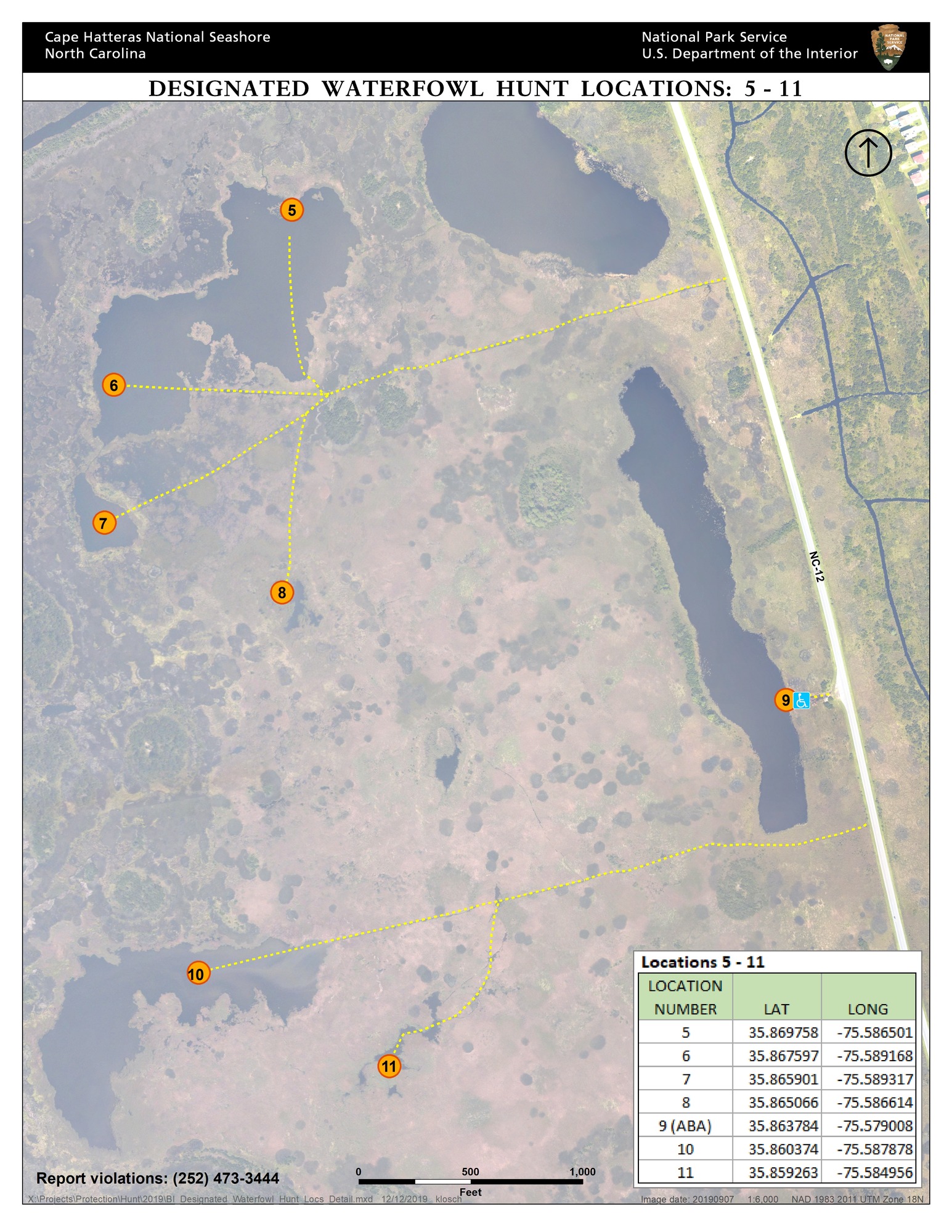 Location map of Bodie Island waterfowl hunt areas 5-11.