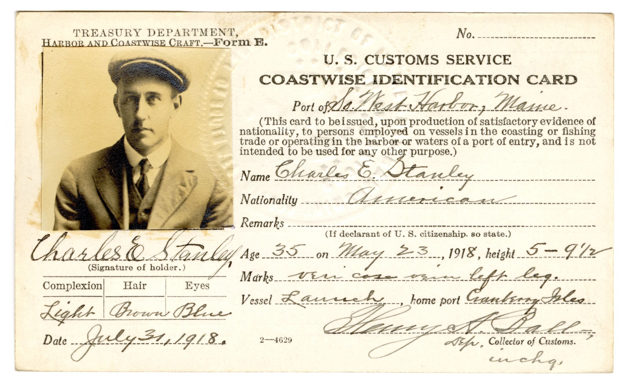Charles E. Stanley 1918 Coastwise Identification Card