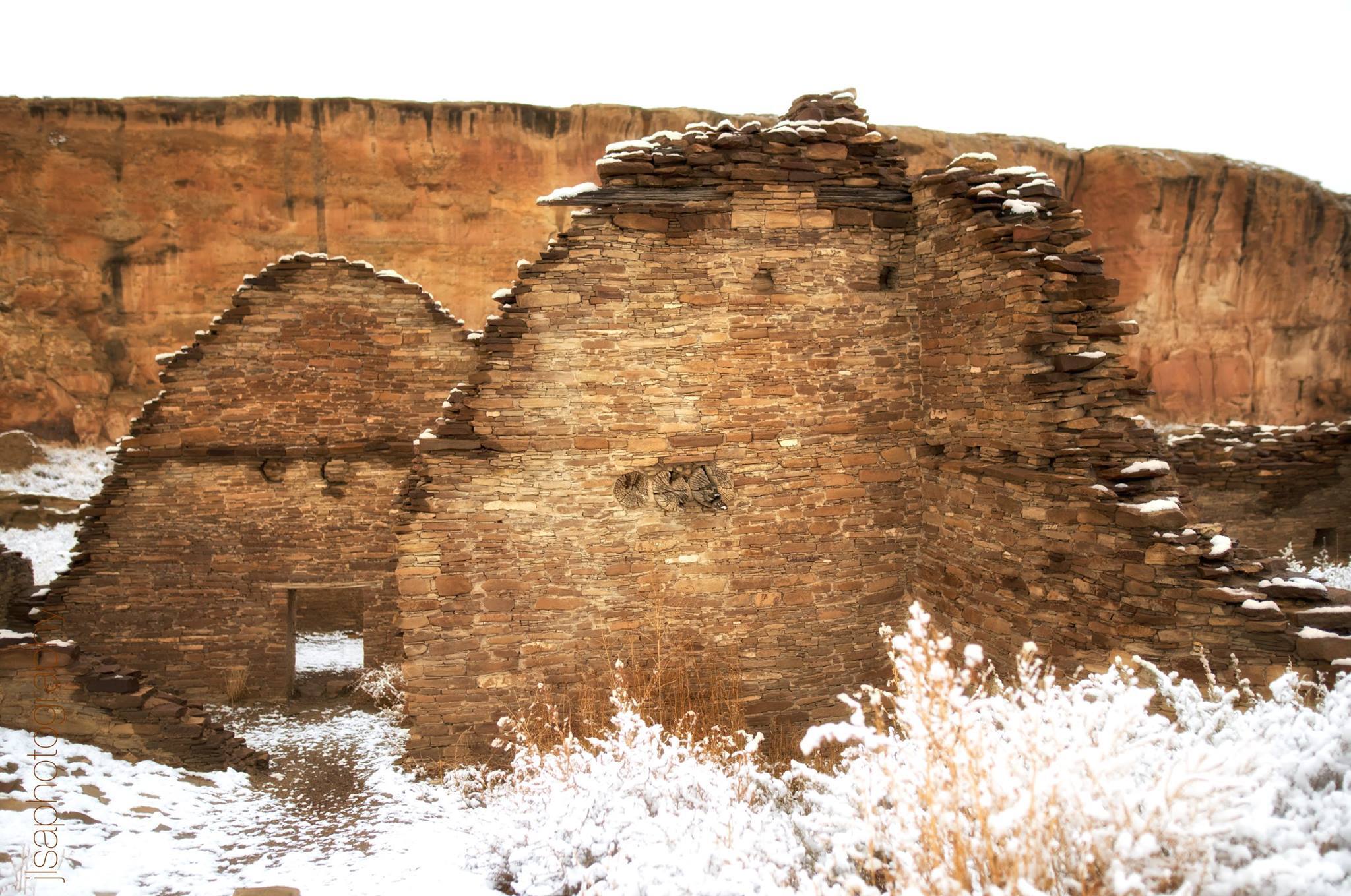 Remnant walls in the snow.