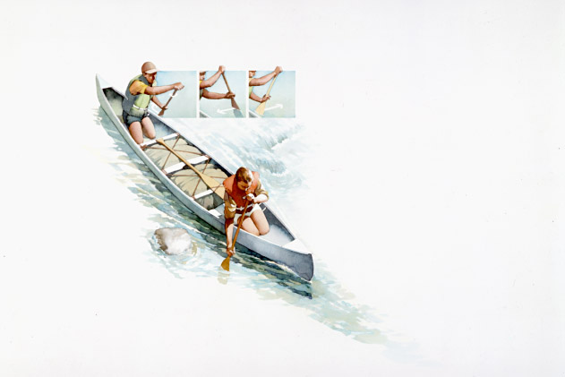 Three-part illustration depicts the execution of a water chute by canoe
