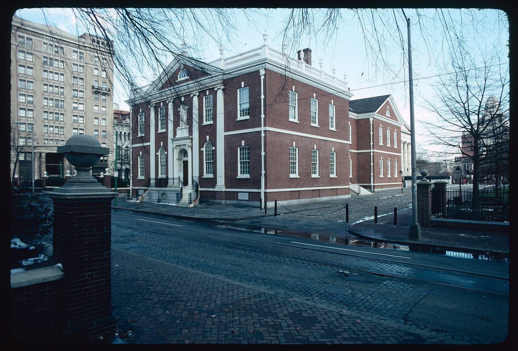 Library Hall. Exterior. Front and right (south) face. Looking northeast from Independence Square walkway, across 5th Street.