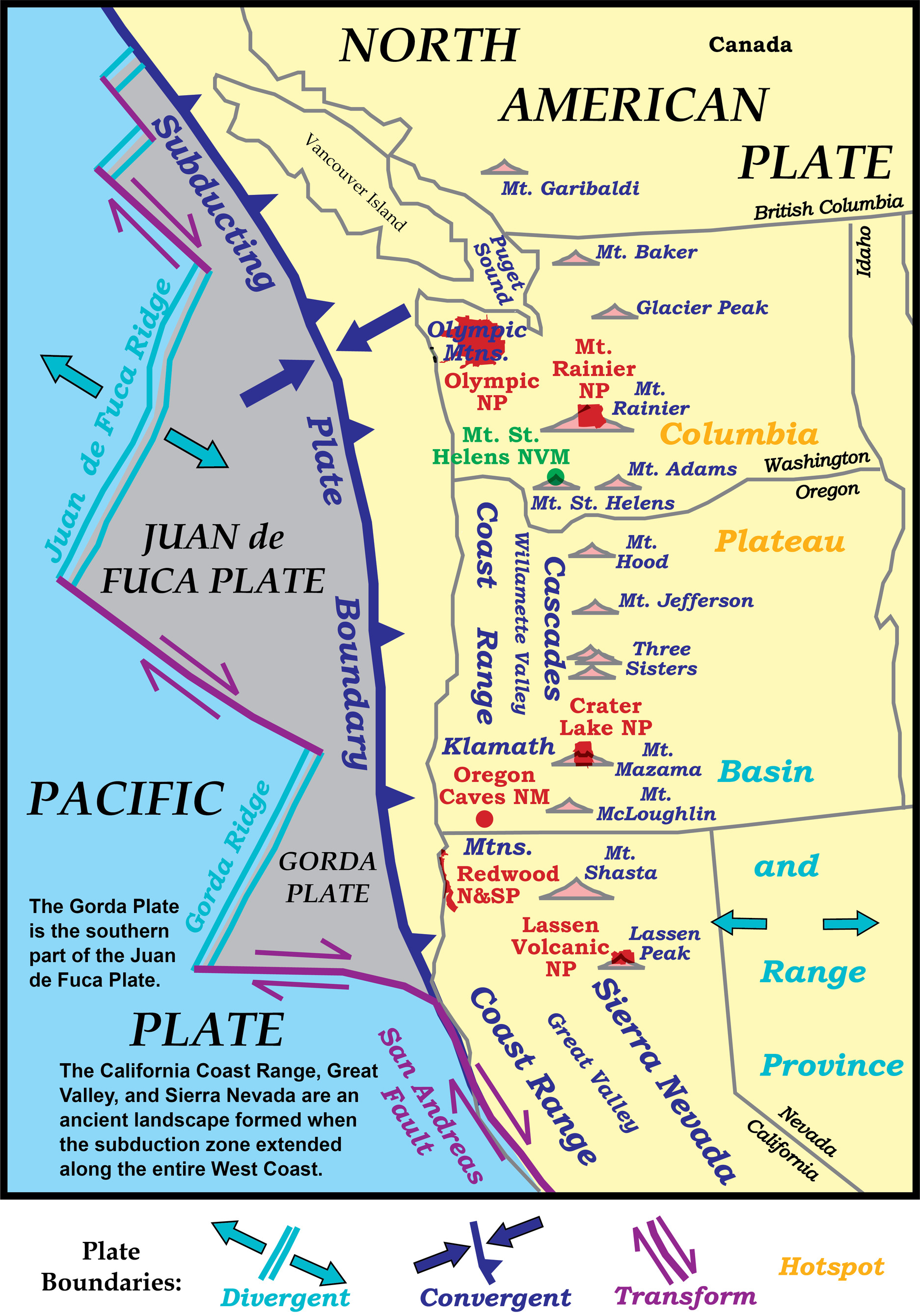 alt="map of the northwest united states showing tectonic plates and volcanoes"