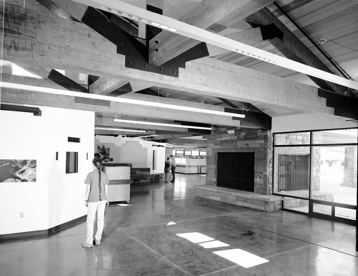 The 2000 visitor center after completion, part of the transportation project which included the shuttle buses, bus maintenance area, the new visitor center (Watchman campground, old a-loop), and new human history museum.