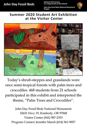 Two drawings of extinct animals and some of the child artists who created them.