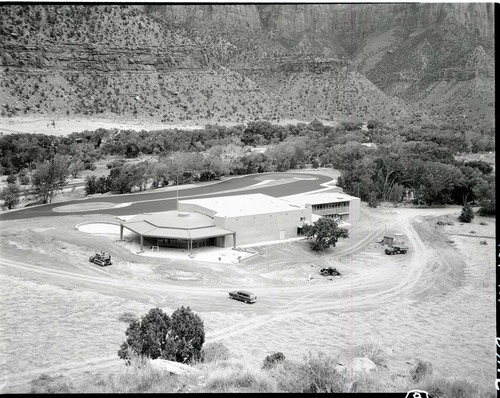 Mission 66 Visitor Center and Museum with a general view of completed building.