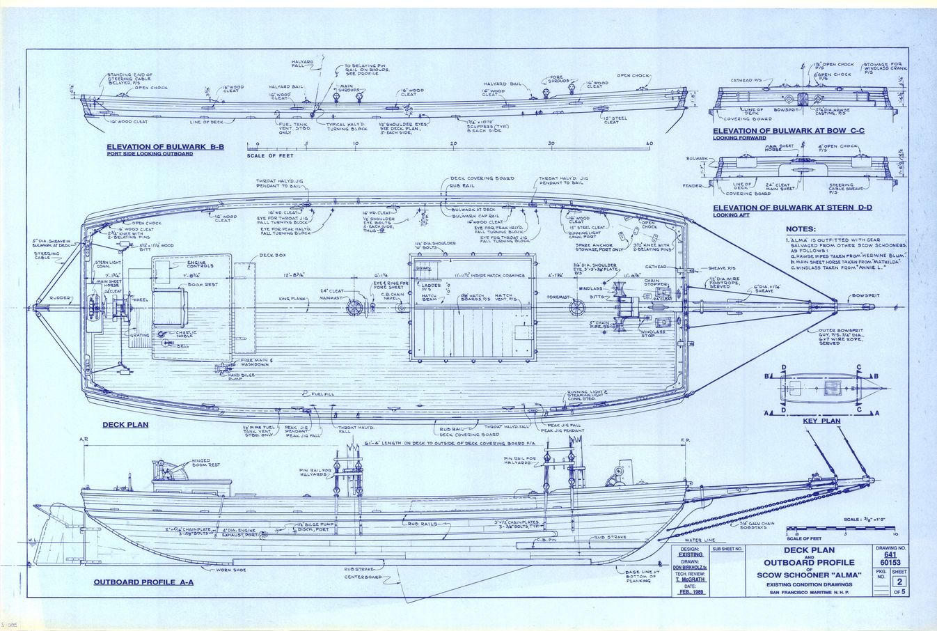 Scow schooner Alma : plan package : includes 4 original drawings produced by Tri-Coastal Marine, Inc., and one drawing of lines and offsetts by Bill Doll ; sponsored by the National Maritime Museum Association