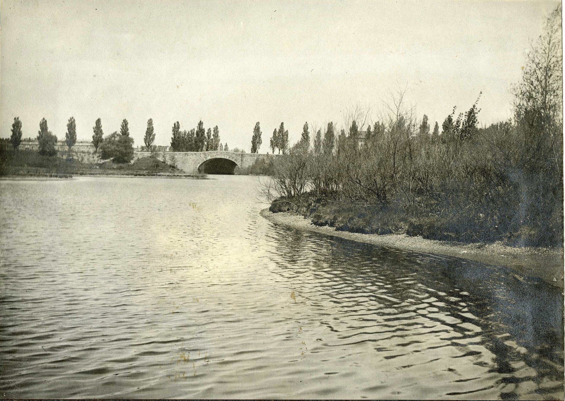 Black and white of body of water, arch bridge in distance with trees on top, shrubs around water