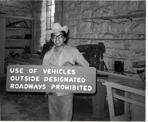BW Photo of Navajo workers in wood shop.