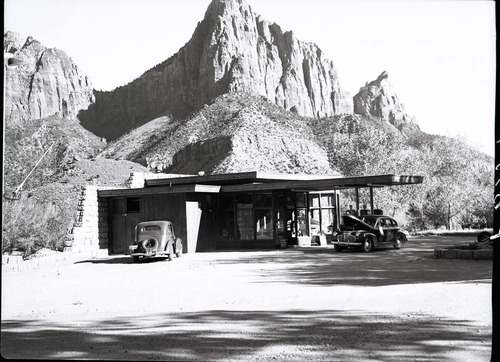 Standard Stations, Inc. service station located in the park with Watchman Peak in background. Location is near the current Nature Center (South Campground).