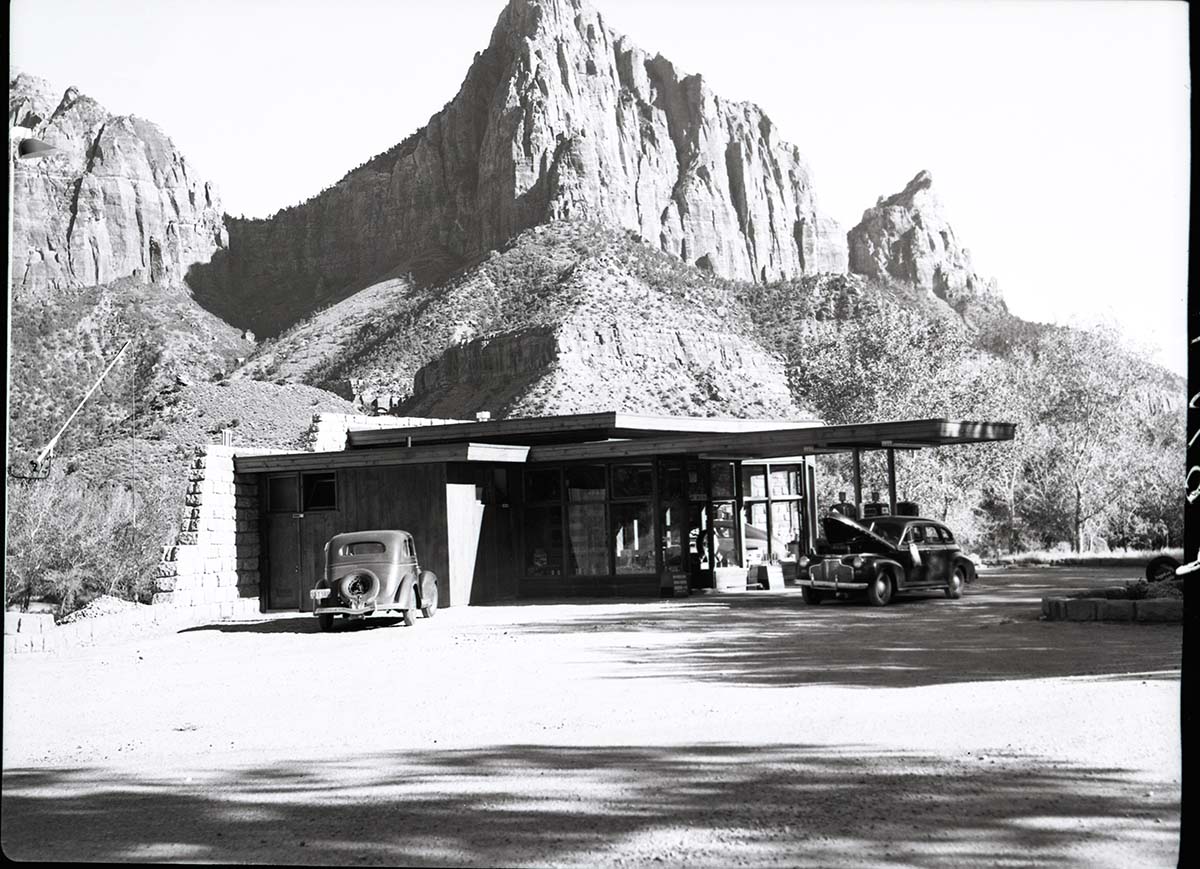 Standard Stations, Inc. service station located in the park with Watchman Peak in background. Location is near the current Nature Center (South Campground).