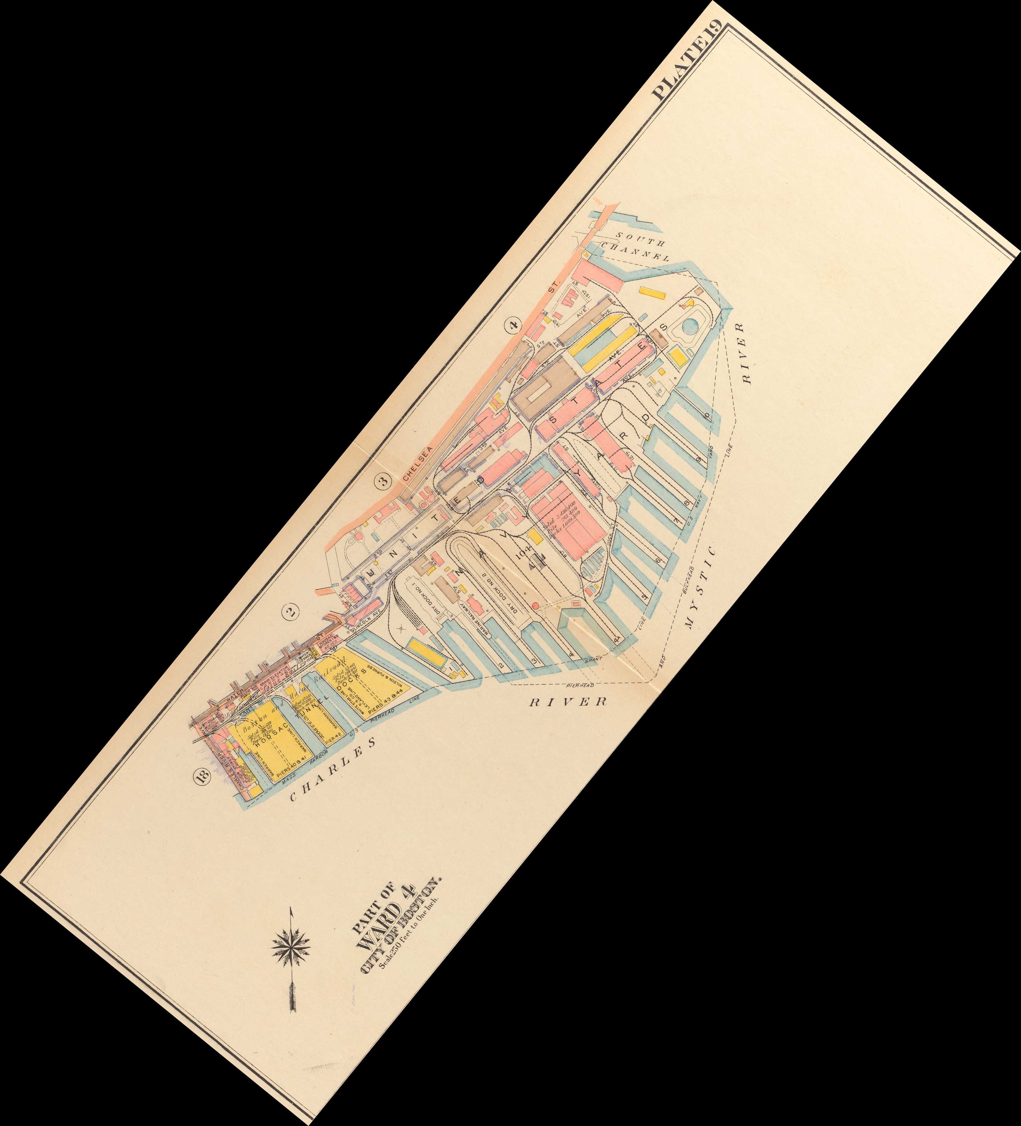 Yellowed print depicting waterfront piers with blue outlines and building outlines with yellow or red shading. Title reads in upper right "Plate 19" and has a title of "Part of Ward 4 City of Boston"