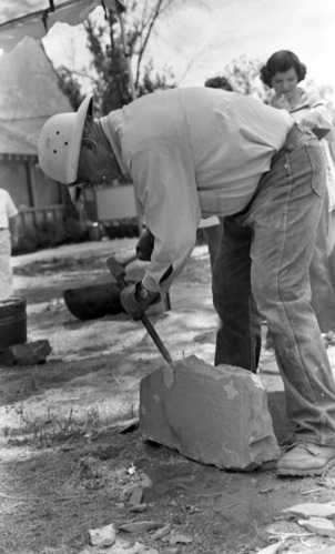 Jim Felton demonstrates stone cutting and rock work. Second annual Folklife Festival, Zion National Park Nature Center on September 1978.