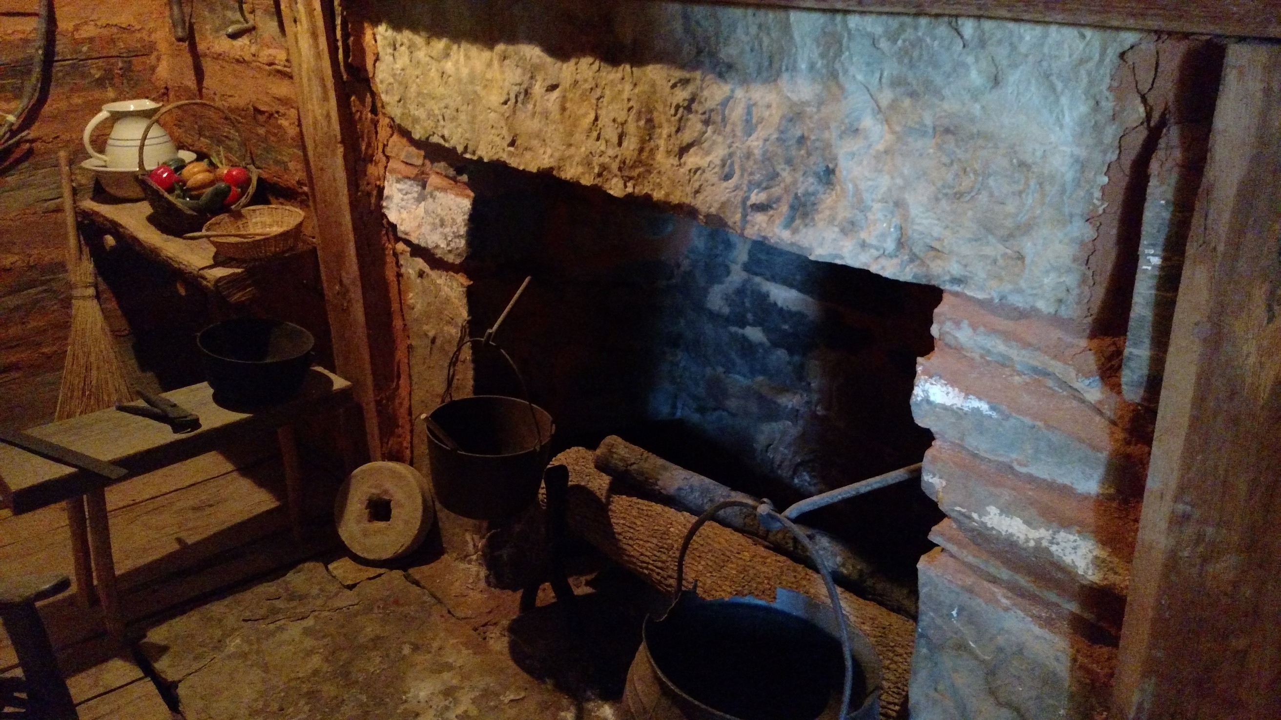 A fireplace and cooking exhibit at Sequoyah's Cabin in Sallisaw, Oklahoma