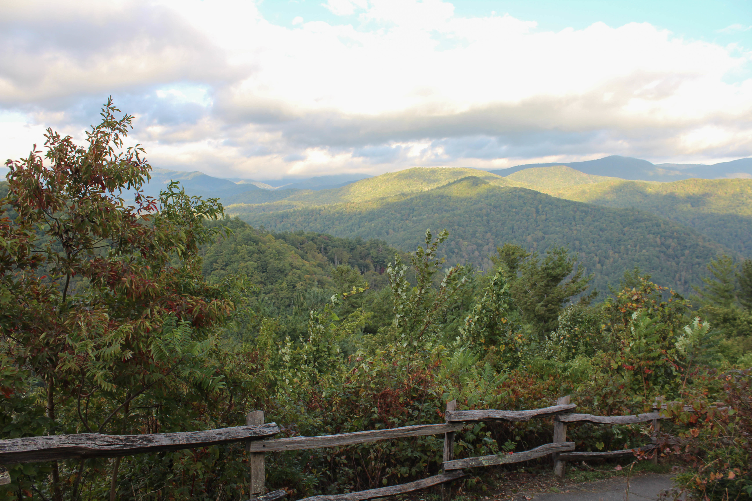 Wooden fence overlooking vegetation-covered mountains 