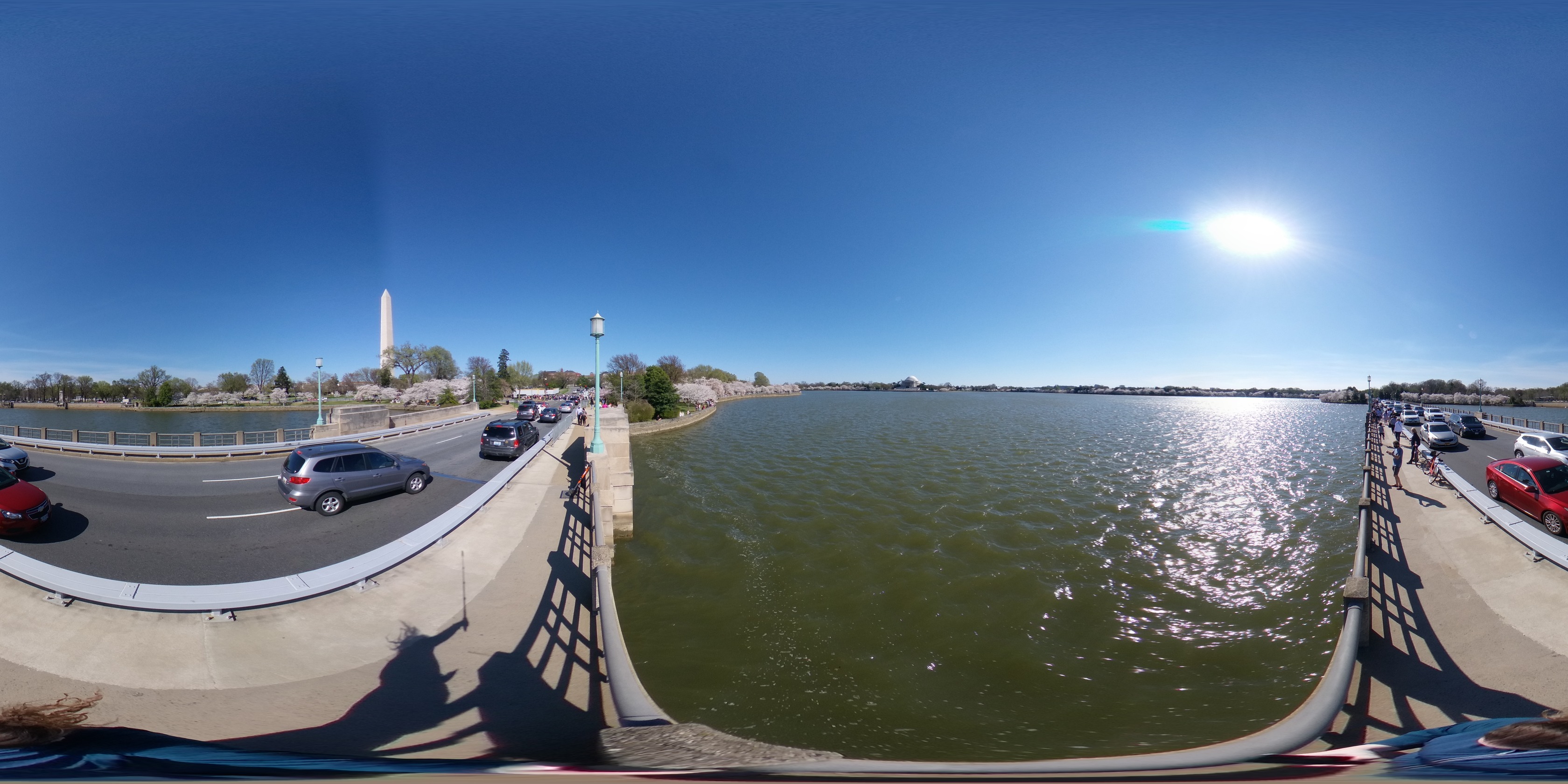 Spherical image that includes people walking across a bridge over a large tidal basin lined with cherry blossom trees in full bloom.  The Washington Monument and Thomas Jefferson Memorial are visible in the distance across the tidal basin. Many cars are driving across the bridge.