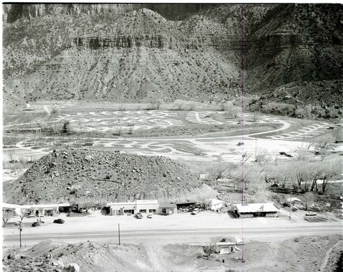 New Watchman Campground from hills on west side of Zion Canyon.