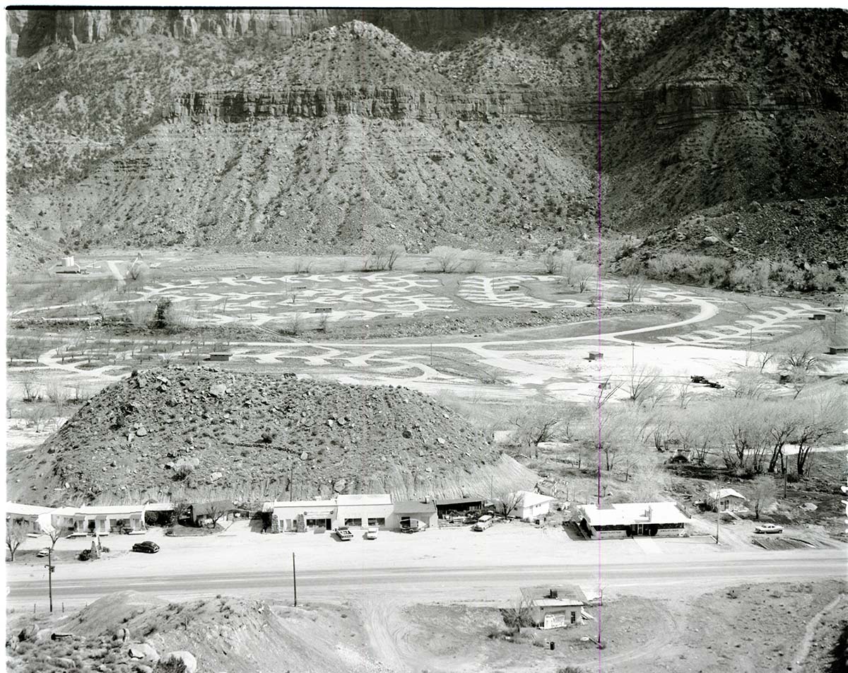 New Watchman Campground from hills on west side of Zion Canyon.